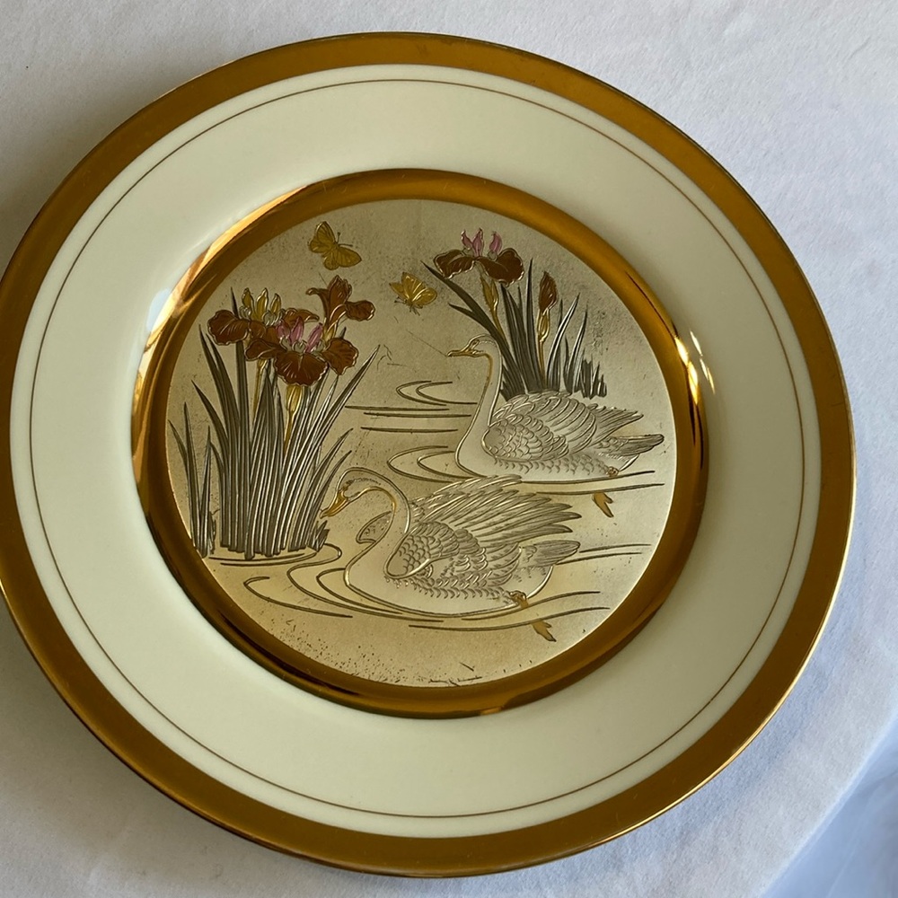 The Art of Chokin Swan Plate 24k Gold & Silver Pond Cat tail Butterflies.